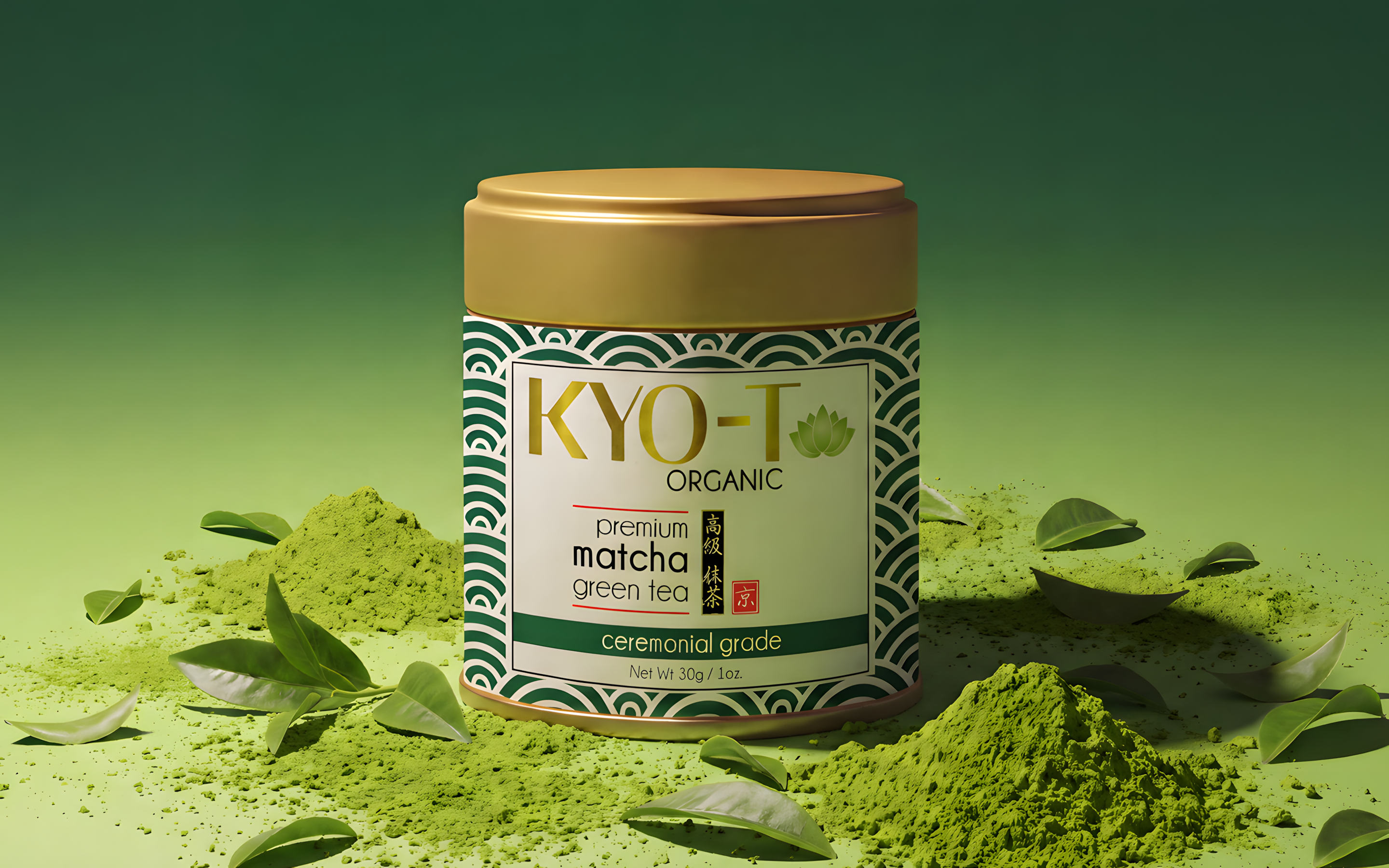 KYO-T Japanese matcha tin packaging with matcha powder and leaves